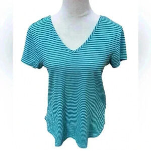 Threads 4 Thought Women’s Tee Medium Green and Blue Striped V neck